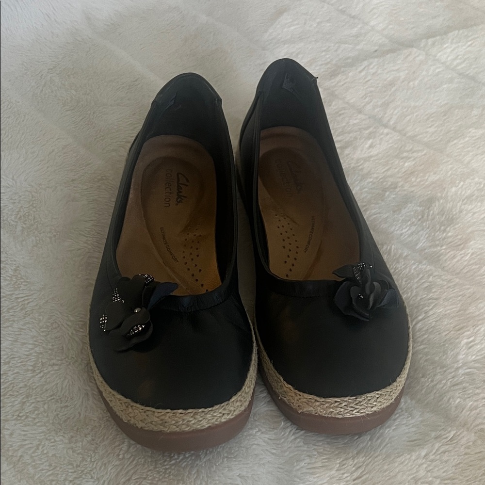Clarks Black Flats with Floral Accent